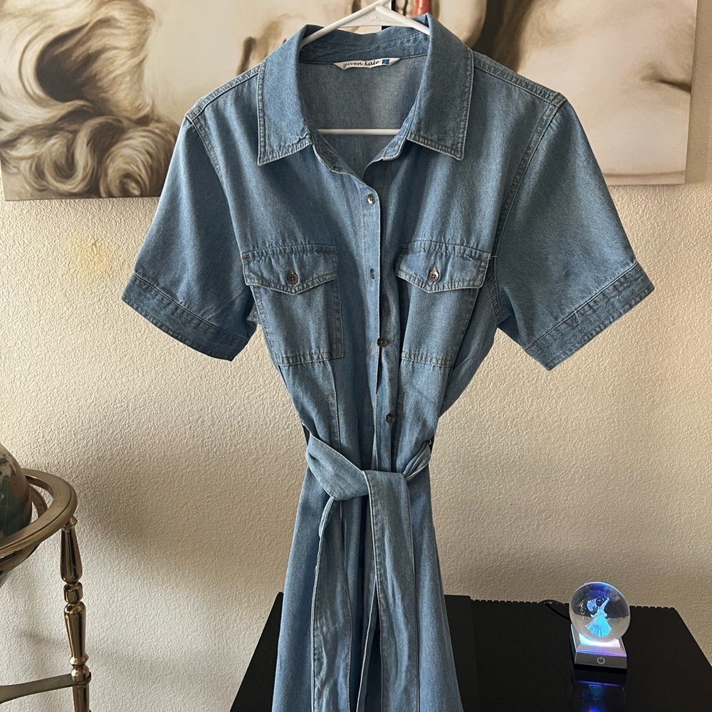 Light Wash Denim Shirt Dress with Waist Tie